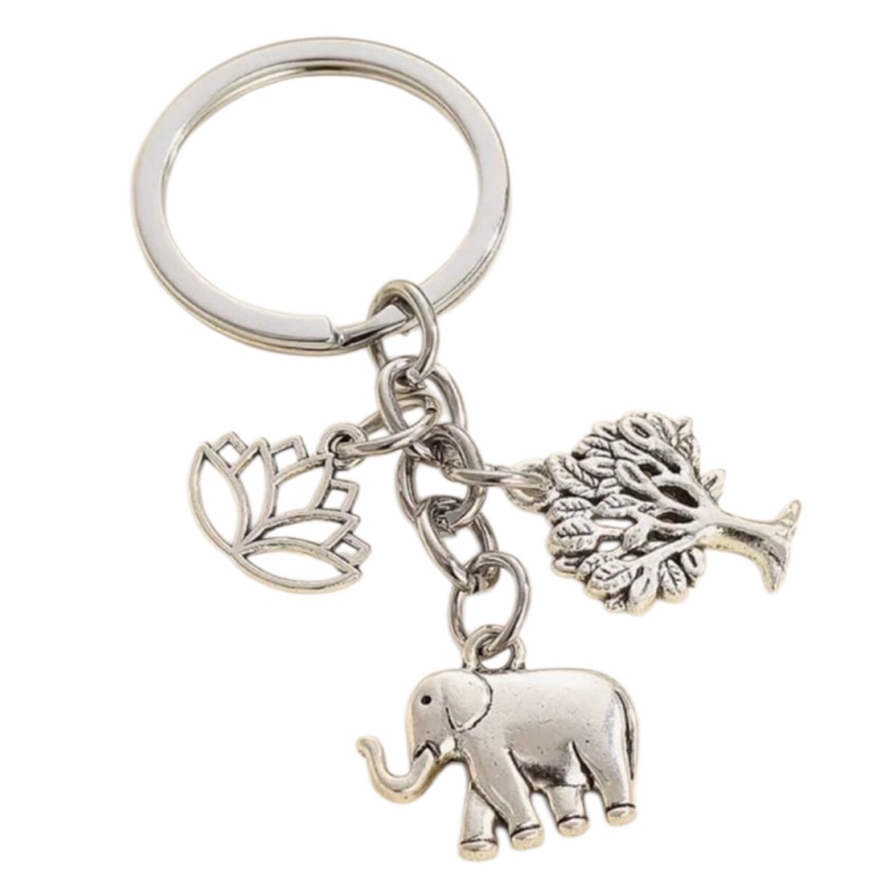 Silver Elephant Charm Keychain with Tree of Life & Lotus Dangle Charms